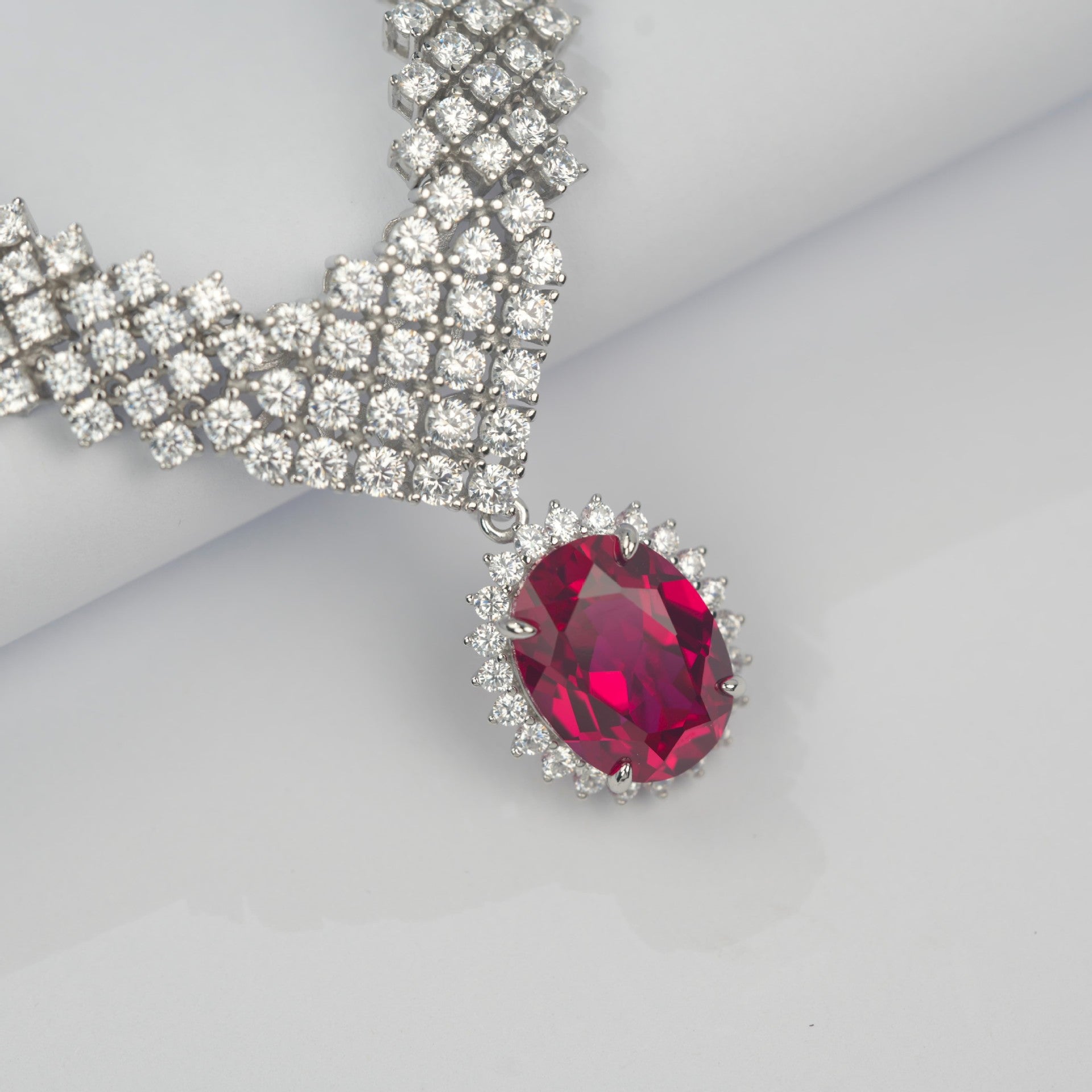 925 Sterling Silver Oval Lab Ruby V-Shape Necklace for Women, Heavy-Craft Versatile - Photo 4
