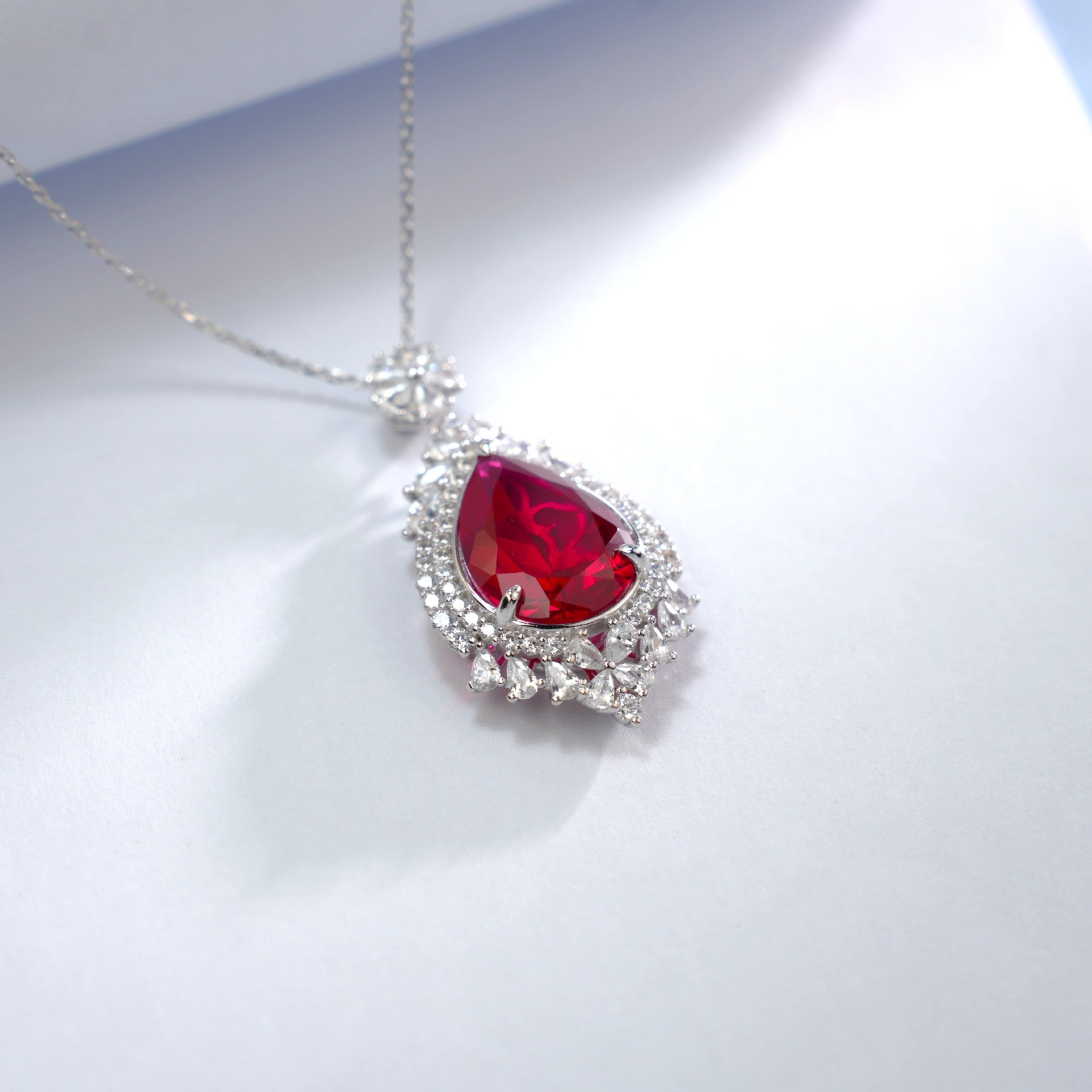 S925 Sterling Silver Lab Ruby Teardrop Halo Choker Necklace, Premium Gift for Women - Photo 3