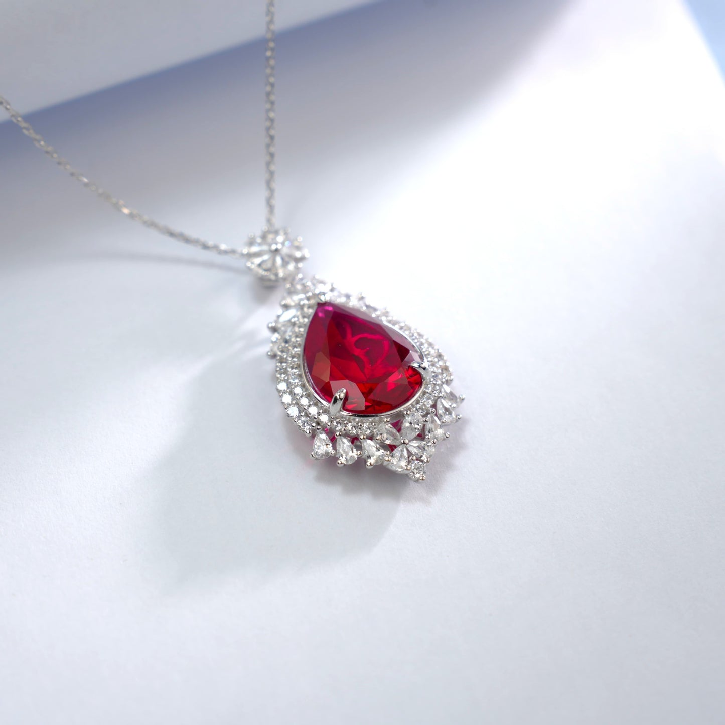S925 Sterling Silver Lab Ruby Teardrop Necklace, Diamond Halo Choker - Photo 3