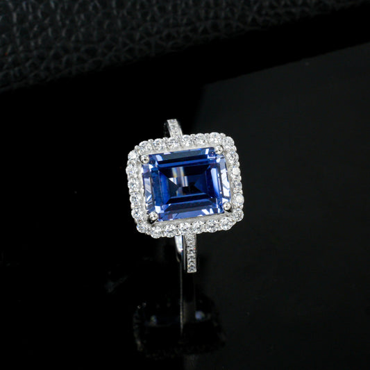 S925 Silver Lab Cornflower Sapphire Cut Halo, Versatile Women's Ring - Photo 3