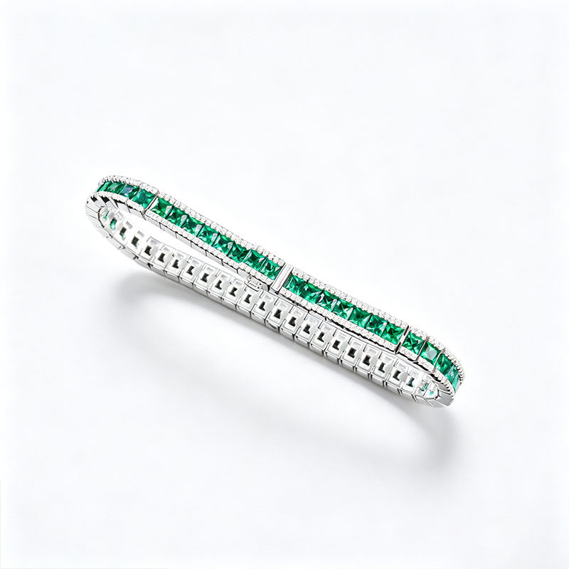 S925 Silver Step-Cut Lab Emerald Double-Side Dense-Set Bracelet, Jewellery - Photo 5