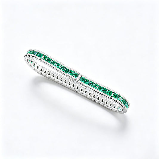 S925 Silver Step-Cut Lab Emerald Double-Side Dense-Set Bracelet, Jewellery - Photo 5