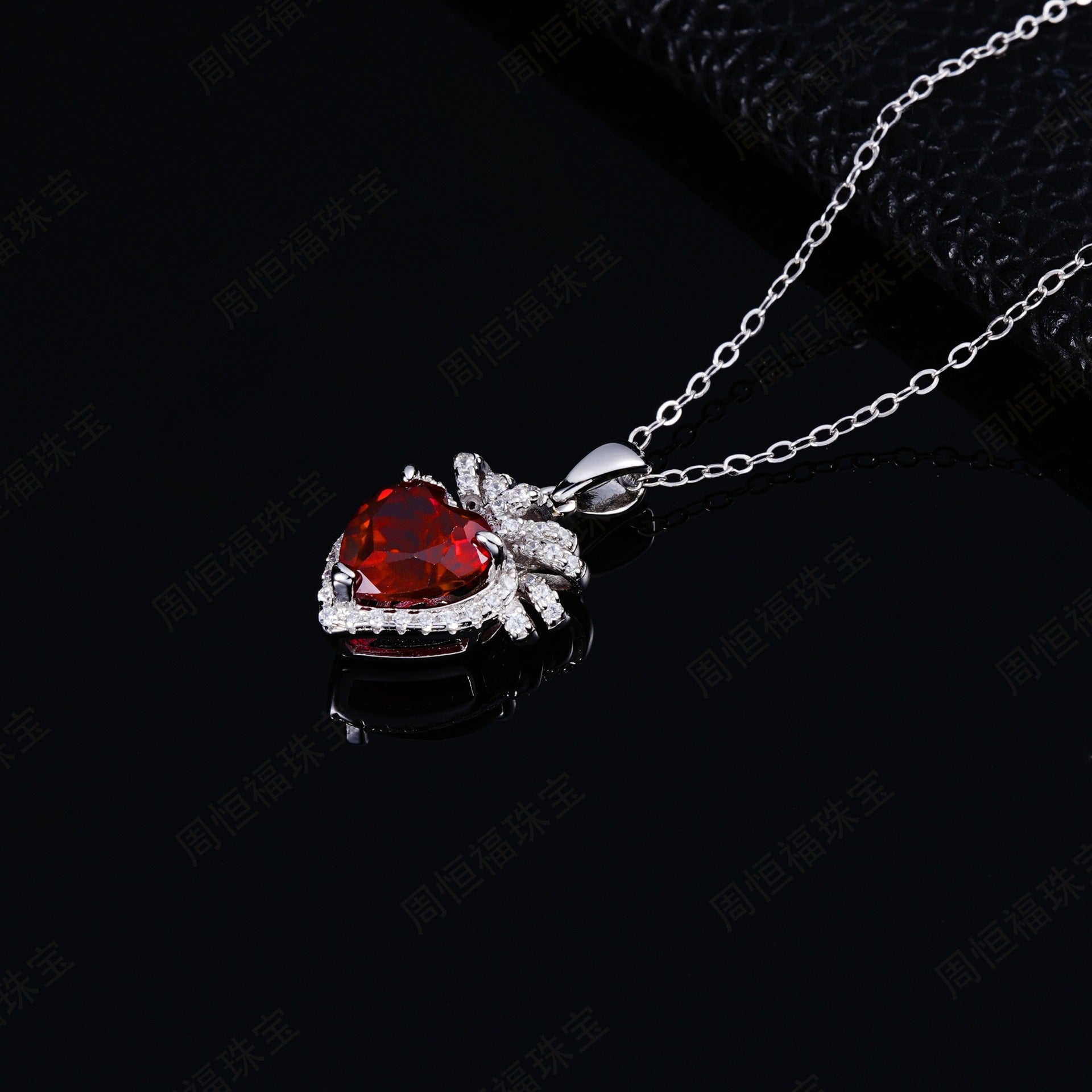 S925 Sterling Silver Fireworks Heart Ruby Pendant Necklace, Sweet-Edgy Design Choker - Photo 4
