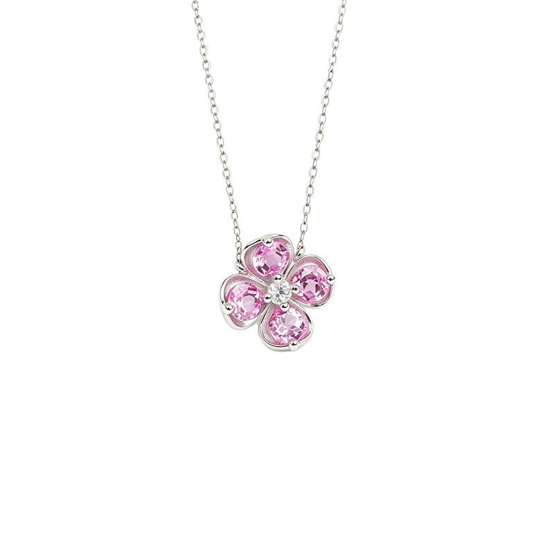 Fresh Four-Leaf Clover Padparadscha Pink Sapphire Pendant Necklace, Girly Valentines Birthday - Photo 5