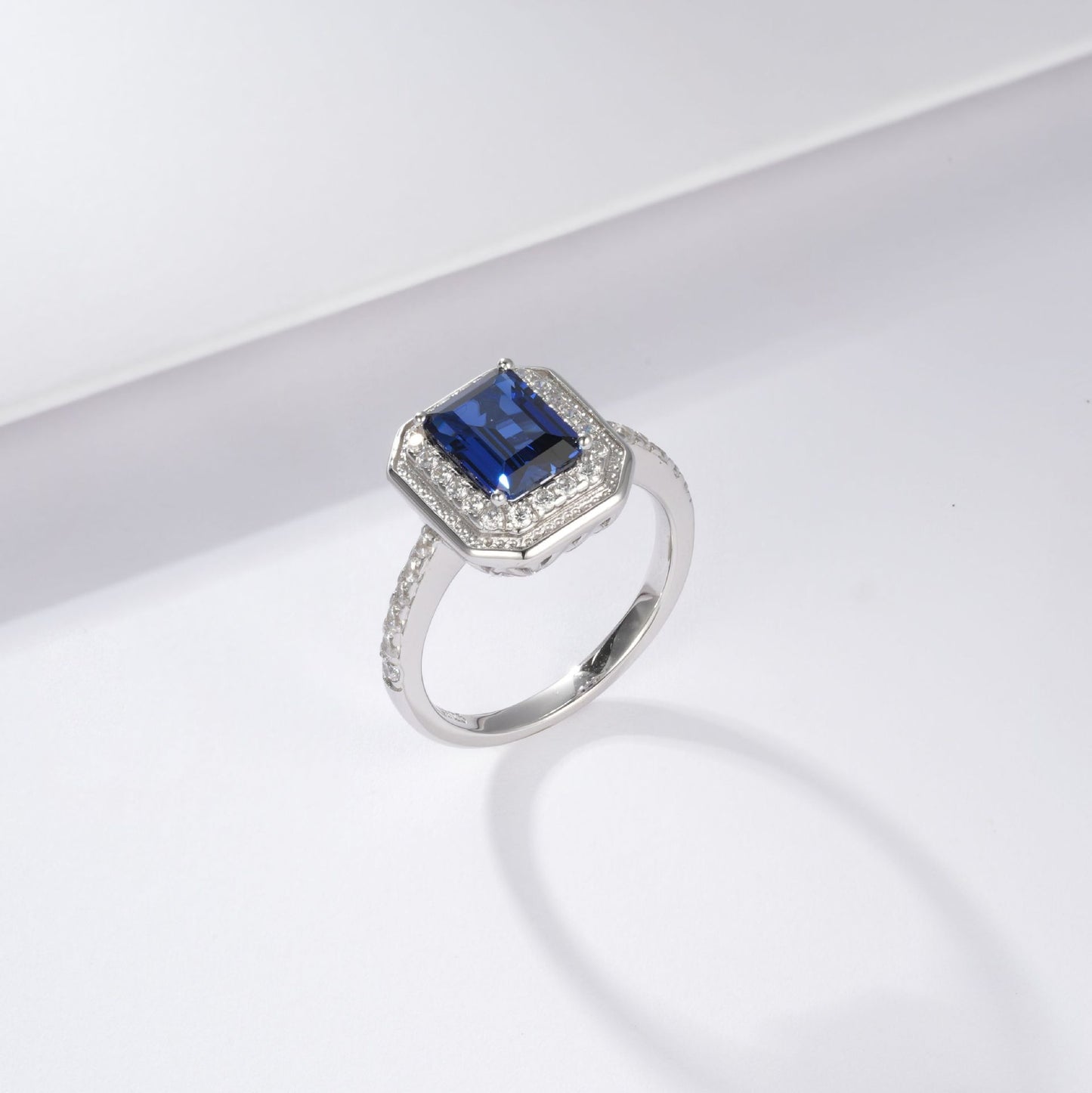 S925 Sterling Silver Lab Sapphire Ring, Halo Full Diamond - Photo 3