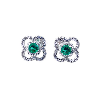 Lab Emerald S925 Silver Stud Earrings, Flower Vintage Premium - Photo 6