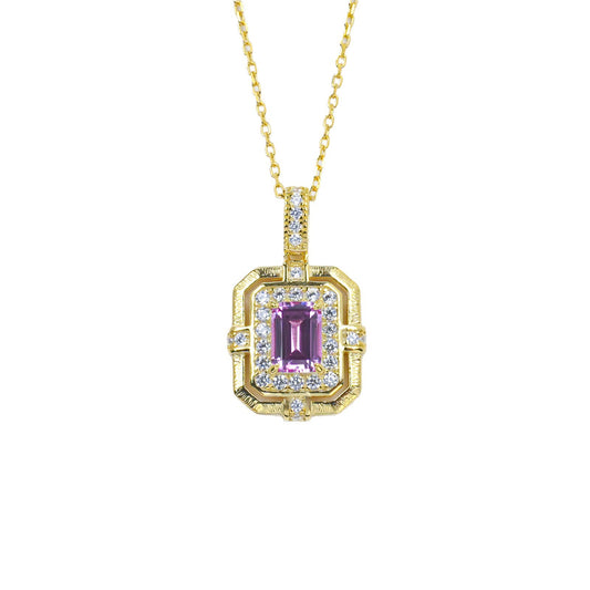 Vintage Palace Style Lab Pink Sapphire Square Plate Full Diamond Halo Necklace - Photo 5