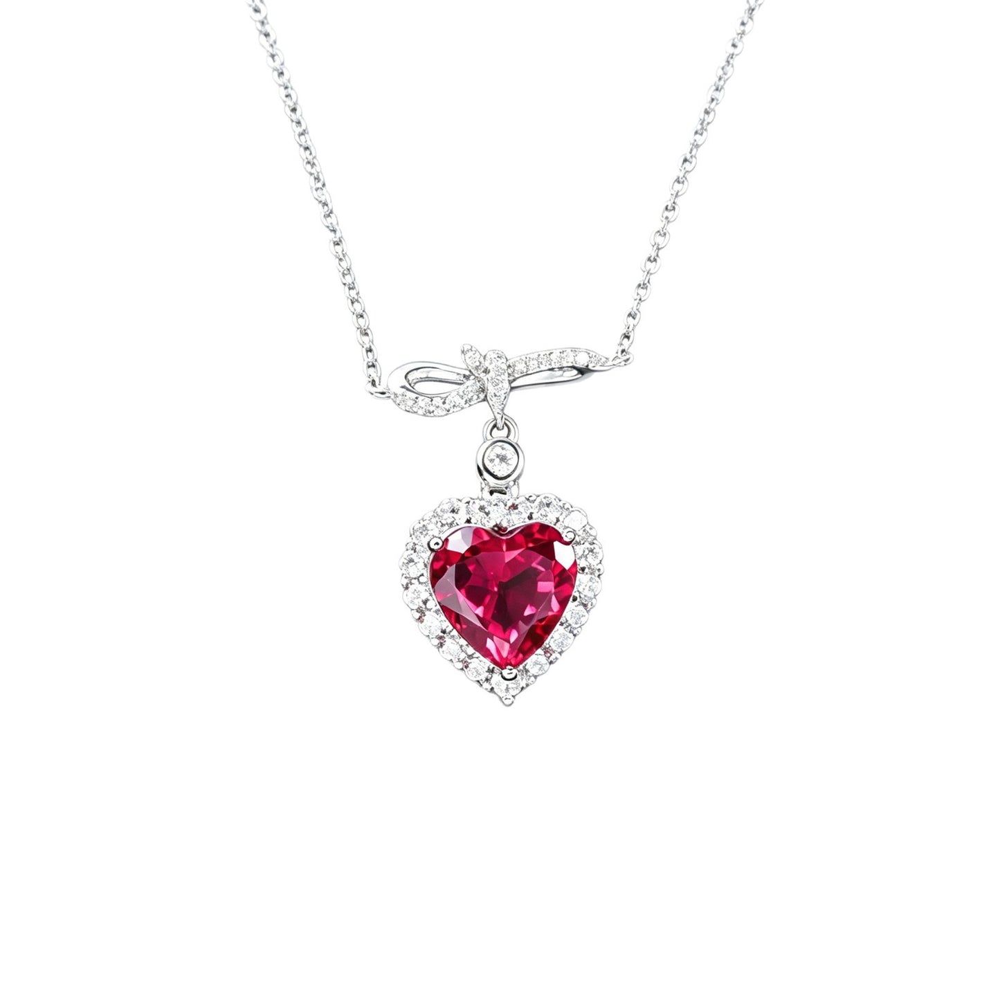S925 Silver Infinity Symbol Diamond Heart Lab Ruby Halo Necklace, Romantic Valentine - Photo 5