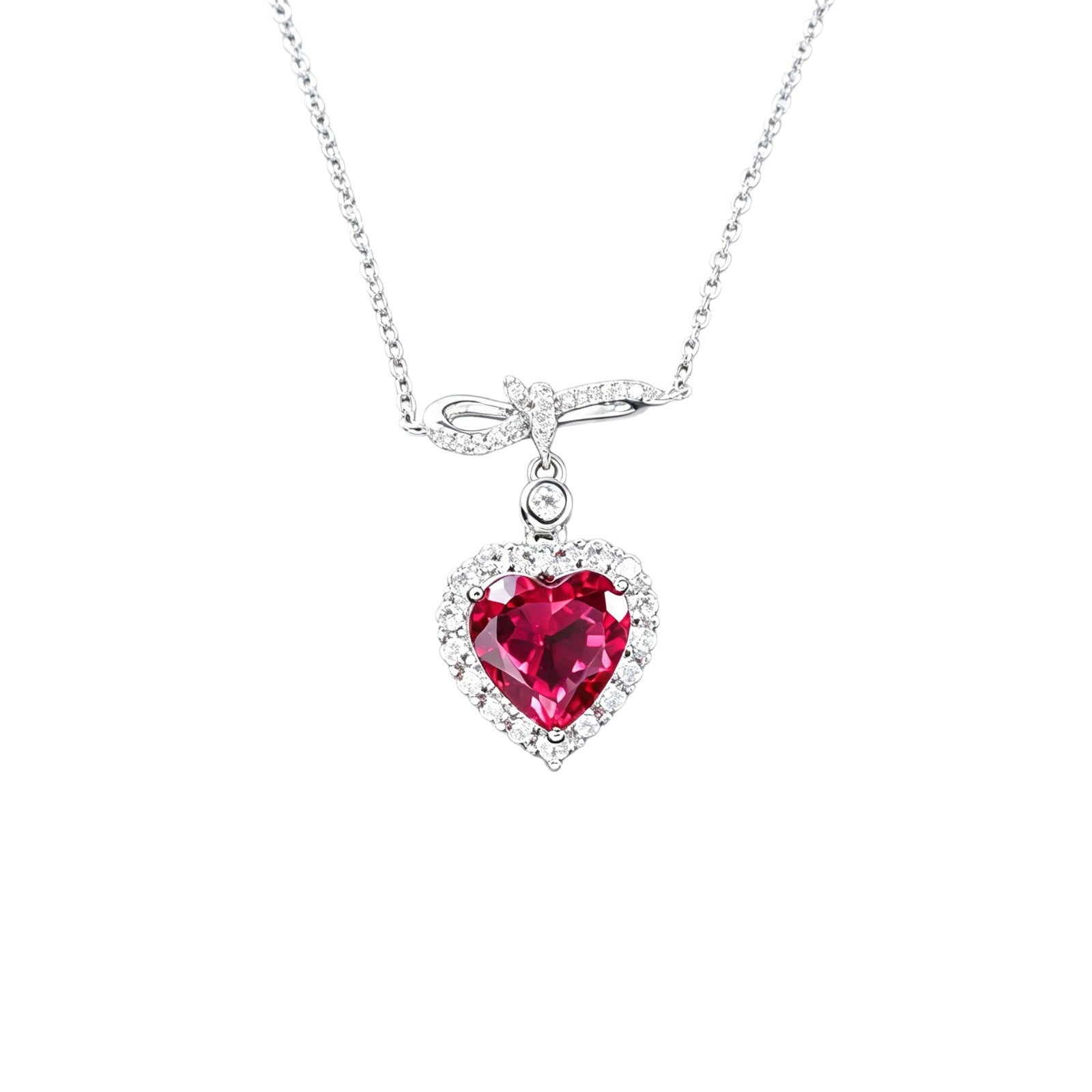 S925 Silver Infinity Symbol Diamond Heart Lab Ruby Halo Necklace, Romantic Valentine - Photo 5