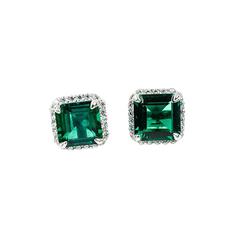 S925 Silver Square Cushion Lab Emerald Diana Halo Stud Earrings, Birthday Gift - Photo 5