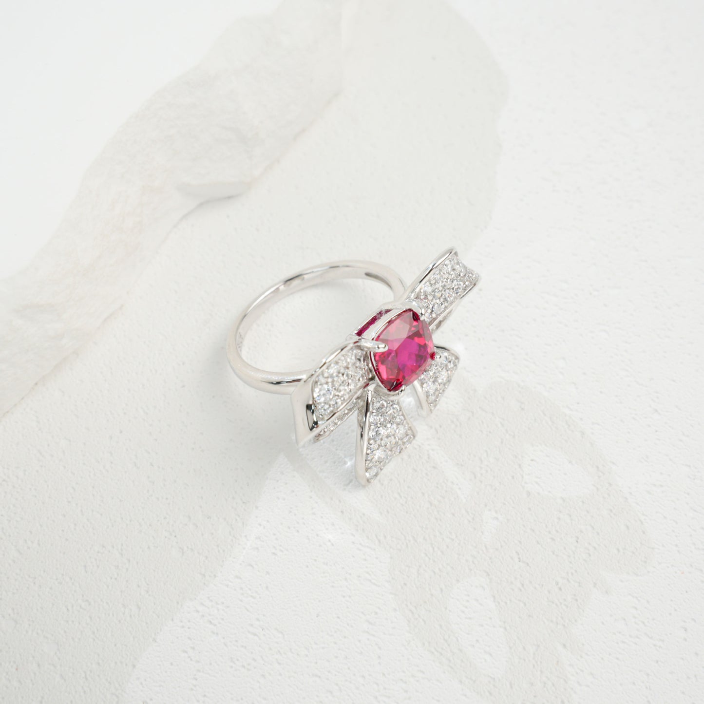 S925 Silver Full Diamond Bow Ruby Ring Adjustable, Design - Photo 4