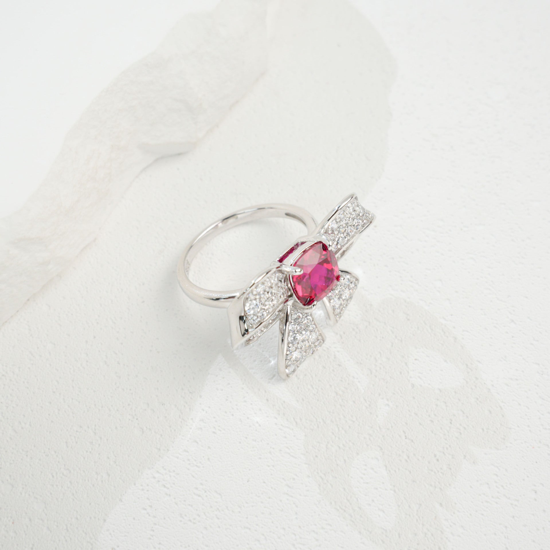S925 Silver Full Diamond Bow Ruby Ring Adjustable, Design - Photo 4