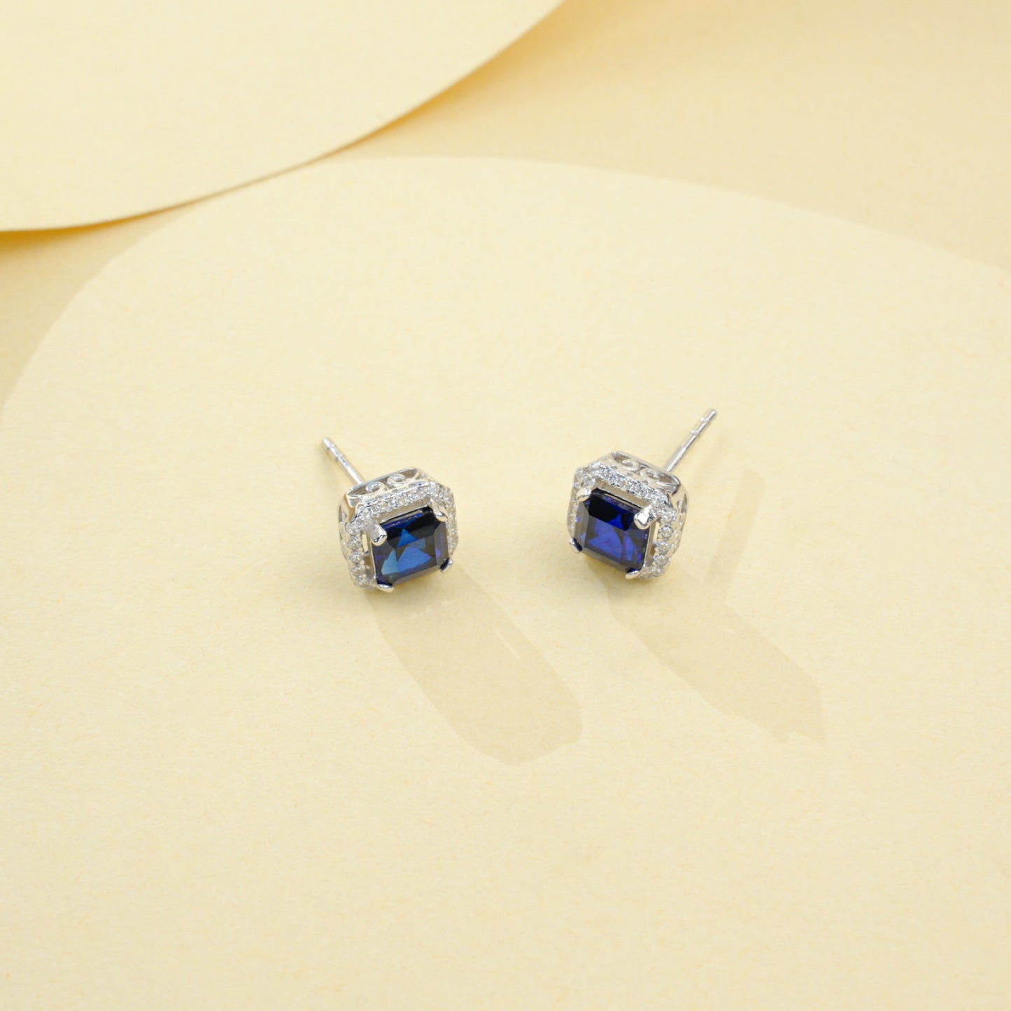 S925 Silver Square Lab Sapphire Halo Stud Earrings, Elegant Versatile Earrings - Photo 2