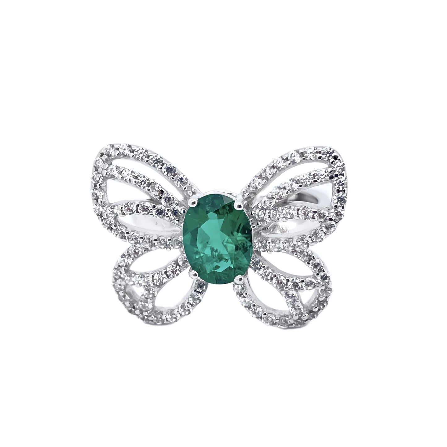 S925 Sterling Silver Lab Emerald Hollow Butterfly Open Ring, Premium - Photo 2