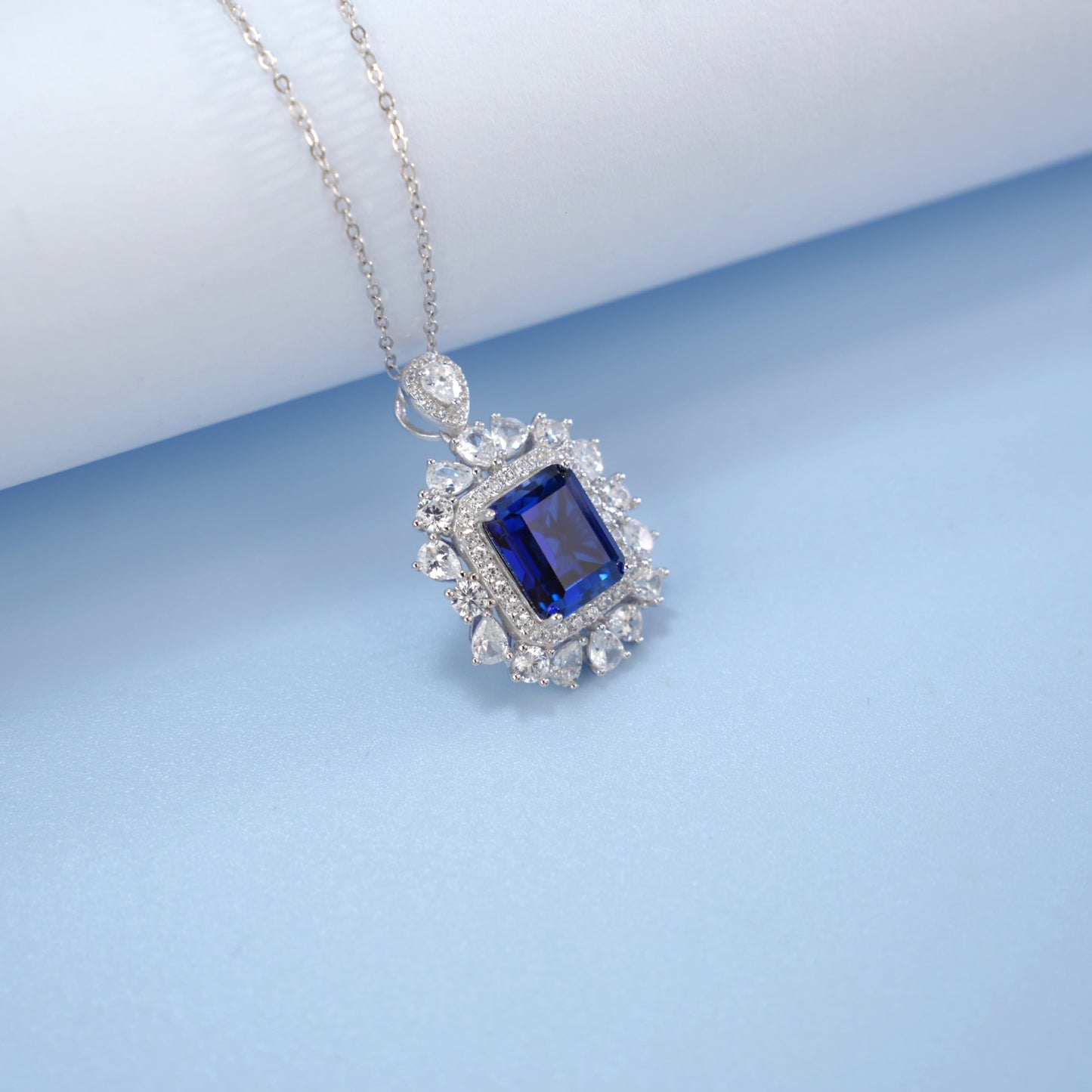 S925 Sterling Silver Lab Sapphire Necklace Square Premium - Photo 3