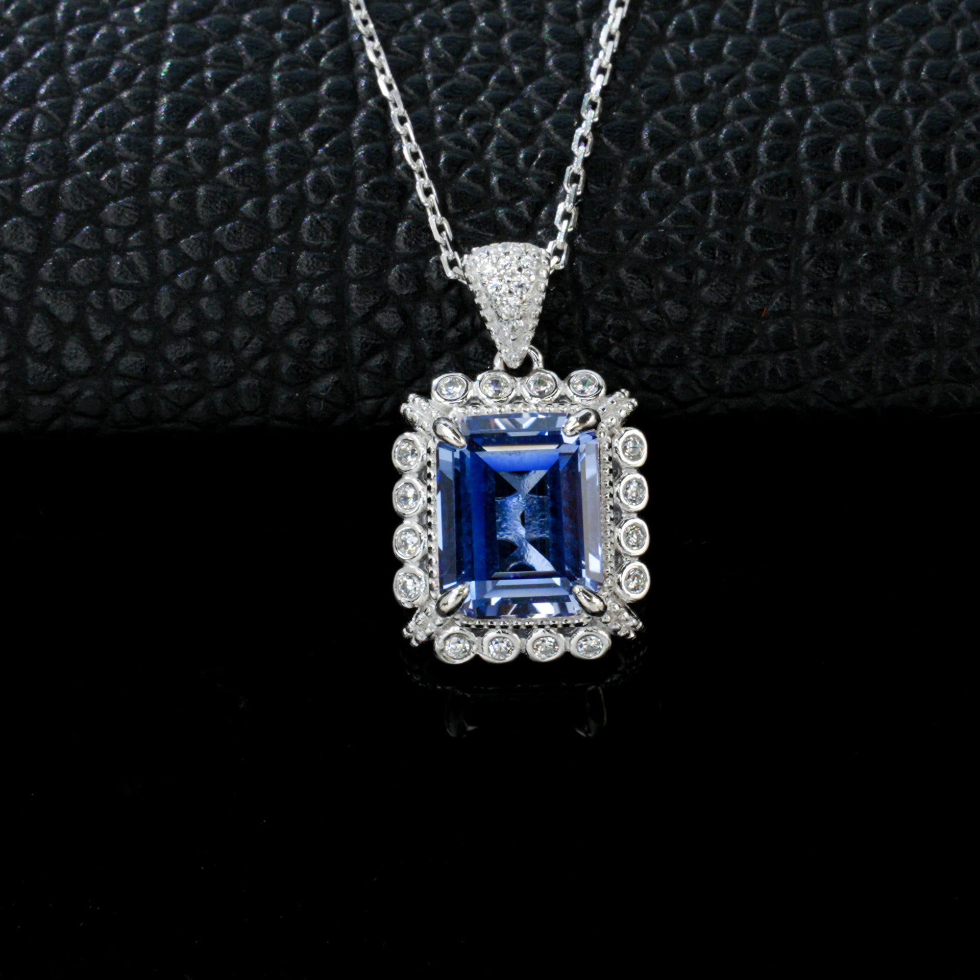 925 Sterling Silver Lab Sapphire Square Pave Choker Necklace, Elegant Versatile - Photo 2