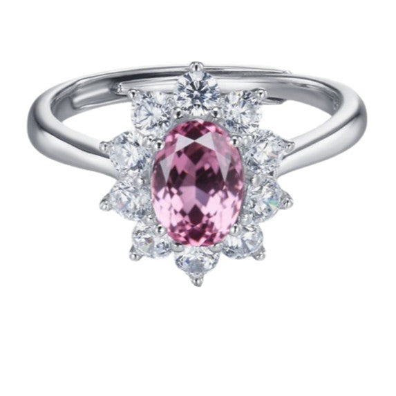 S925 Sterling Silver Oval Pink Diamond Sunflower Halo Ring, for Women - Photo 5