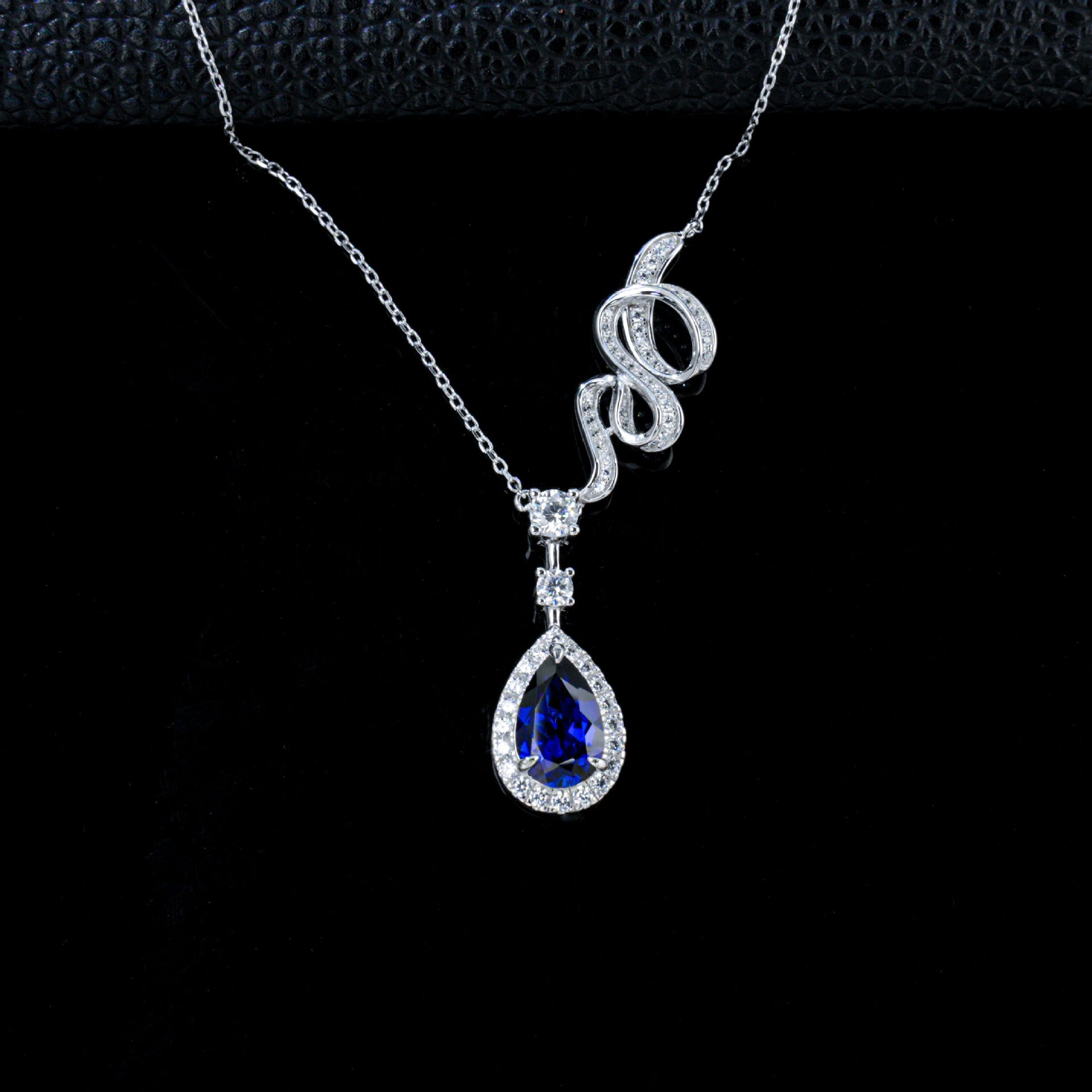 S925 Silver Snake Full Diamond Twisted Chain Teardrop Lab Sapphire Halo Necklace, Premium Evening - Photo 2