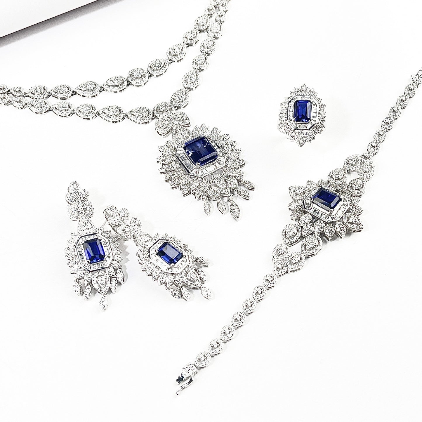 S925 Sterling Silver Royal Blue Lab Sapphire Vintage Pave Necklace Jewellery Set (3-Piece), Premium - Photo 6