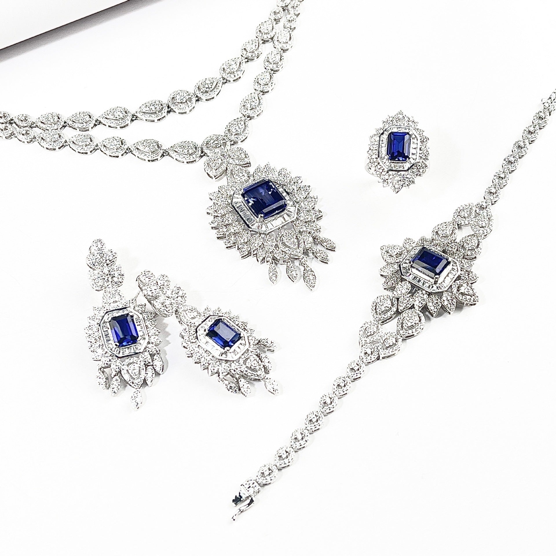 S925 Sterling Silver Royal Blue Lab Sapphire Vintage Pave Necklace Jewellery Set (3-Piece), Premium - Photo 6