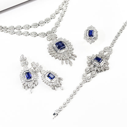 S925 Sterling Silver Royal Blue Lab Sapphire Vintage Pave Necklace Jewellery Set (3-Piece), Premium - Photo 6