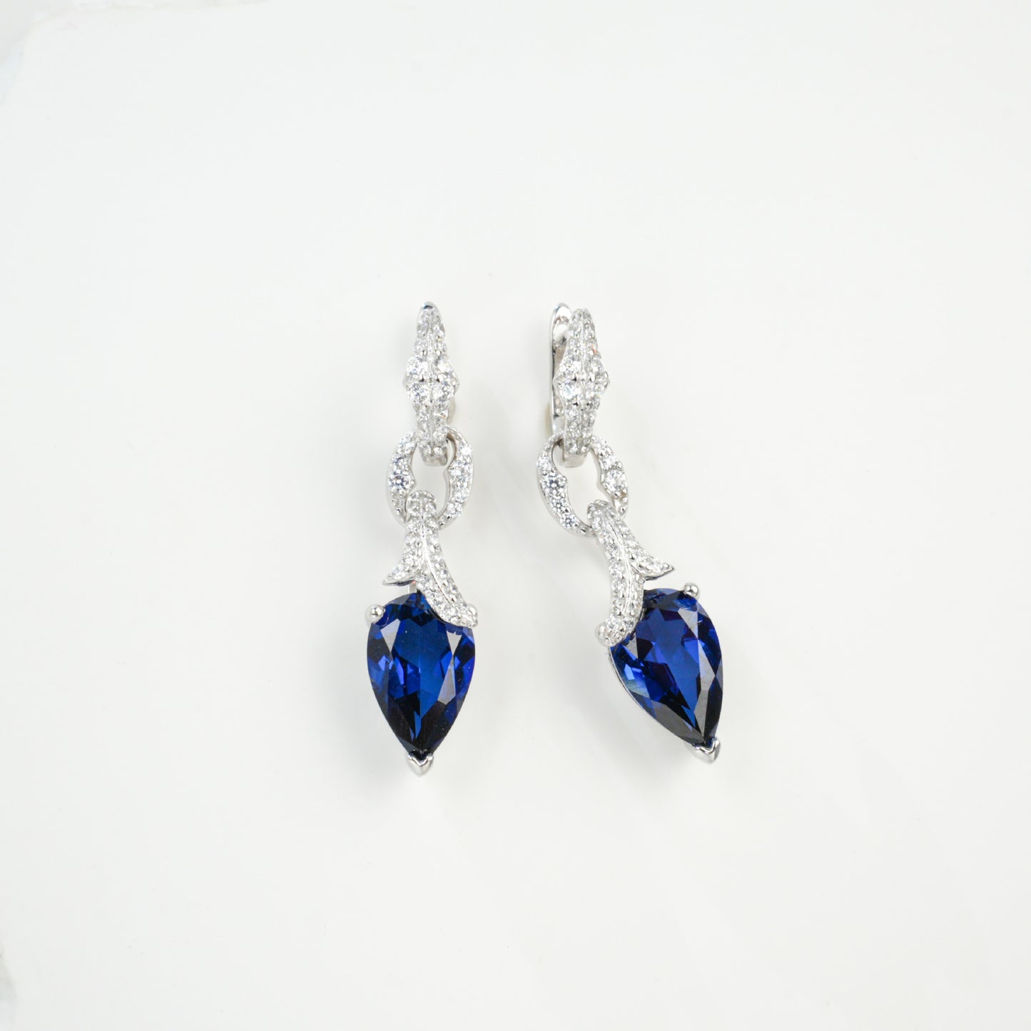 S925 Sterling Silver Lab Sapphire Teardrop Pave Long Drop Earrings, Birthday Gift - Photo 4