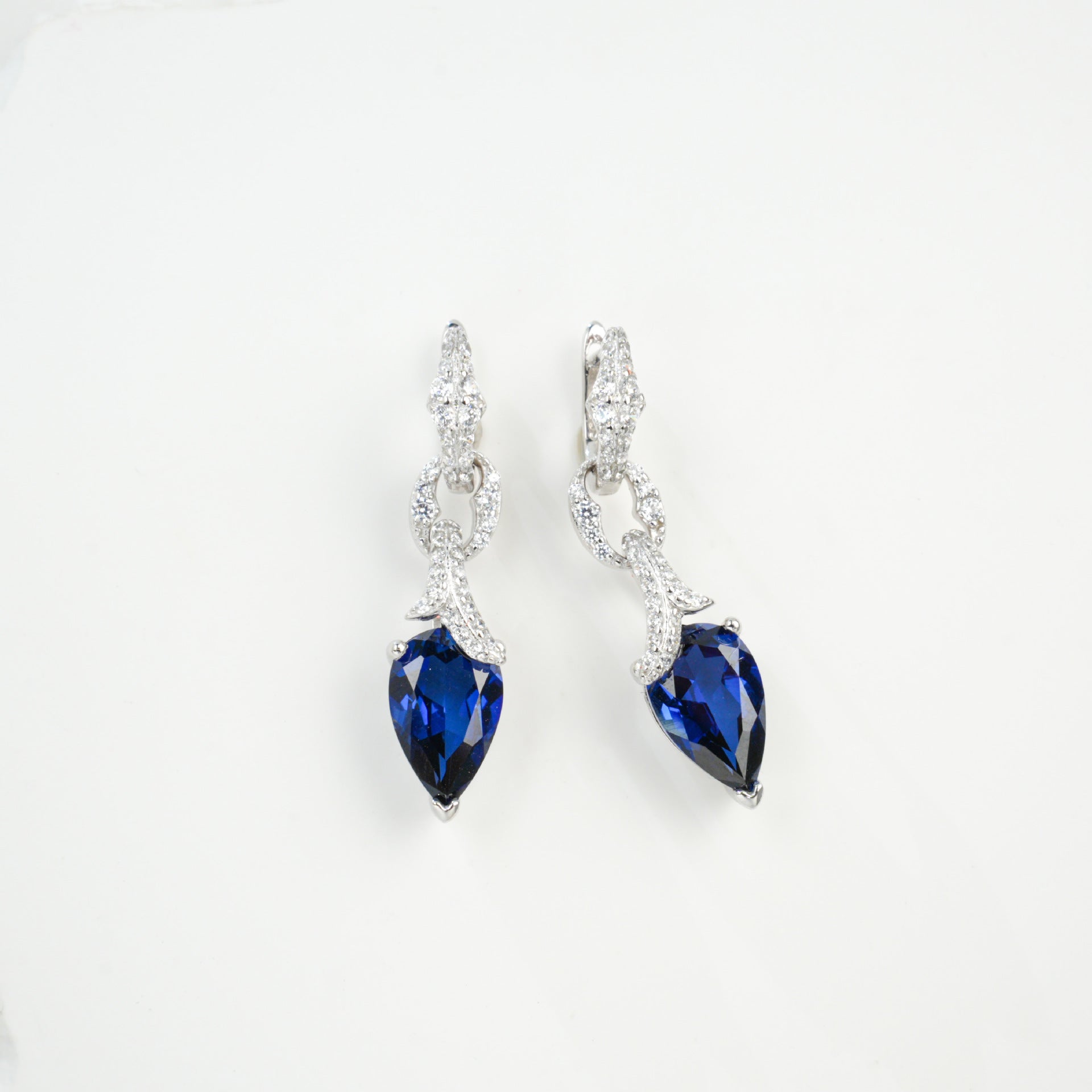 S925 Sterling Silver Lab Sapphire Teardrop Pave Long Drop Earrings, Birthday Gift - Photo 4