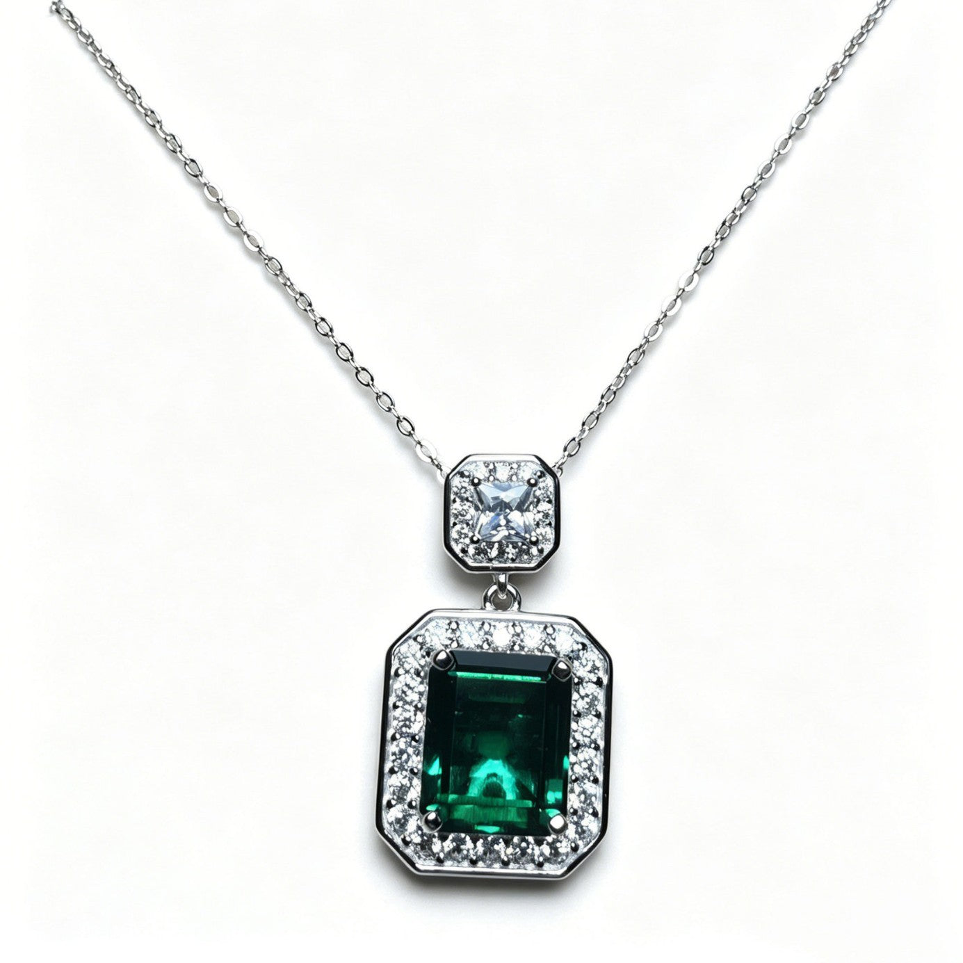 S925 Sterling Silver Lab Emerald Emerald-Cut Halo Necklace, Premium - Photo 5