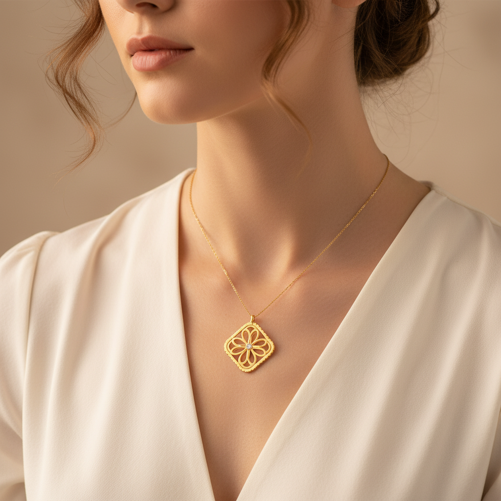 Botanical Medallion Diamond-Hang Gold Pendant — Square Wear Shot