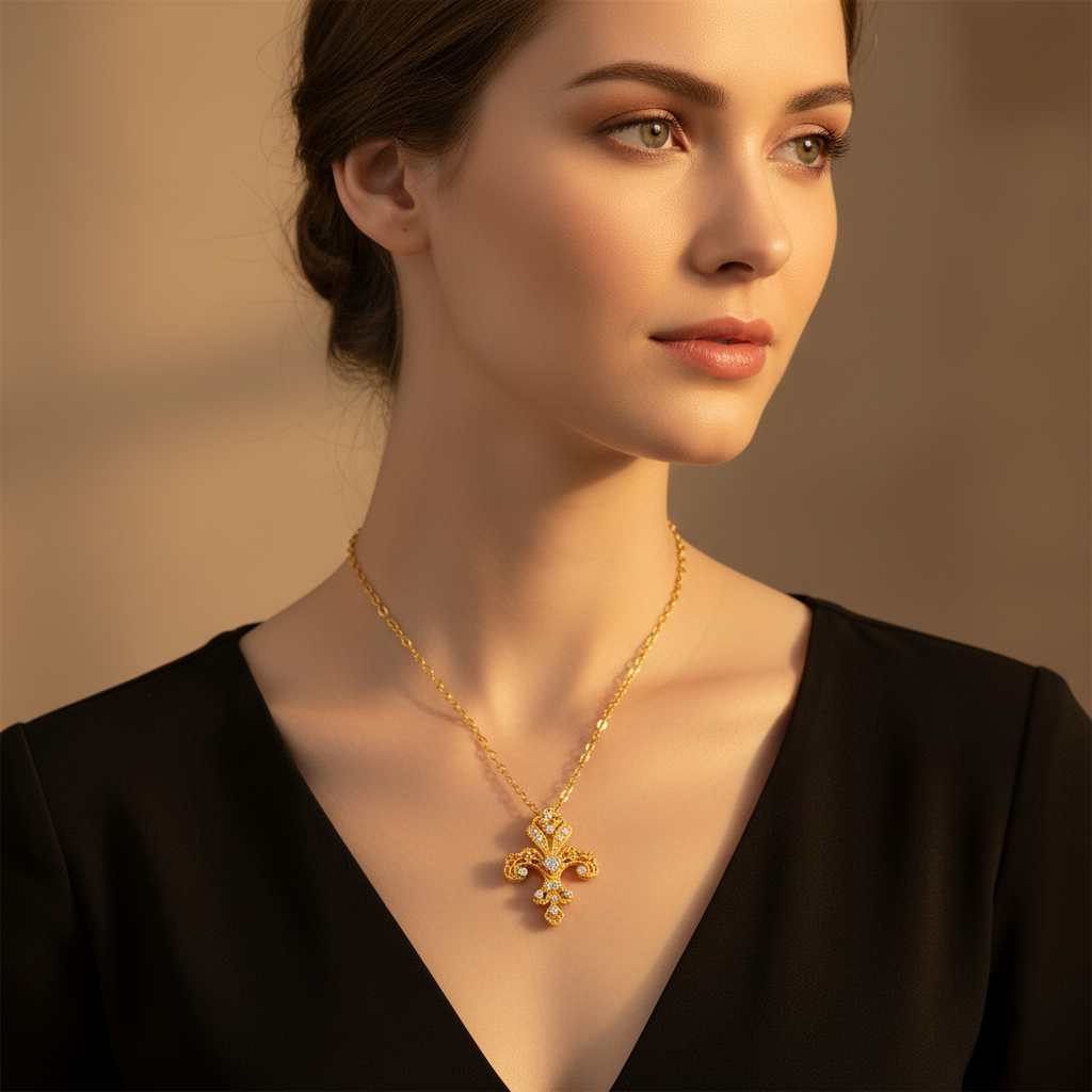 Fleur-de-Lis Gold Filigree Pendant — Square Wear Shot