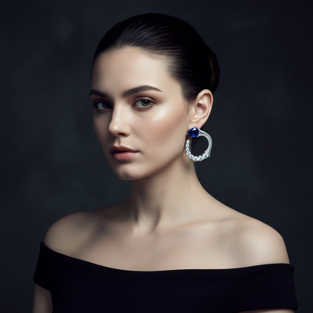 Lab Blue Sapphire Crescent Arc Statement Earrings — Square Wear Shot