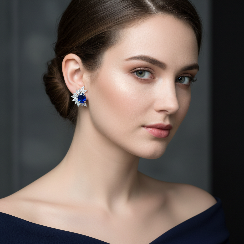 Lab Blue Sapphire Crown Arc Stud Earrings — Corrected Wear Shot