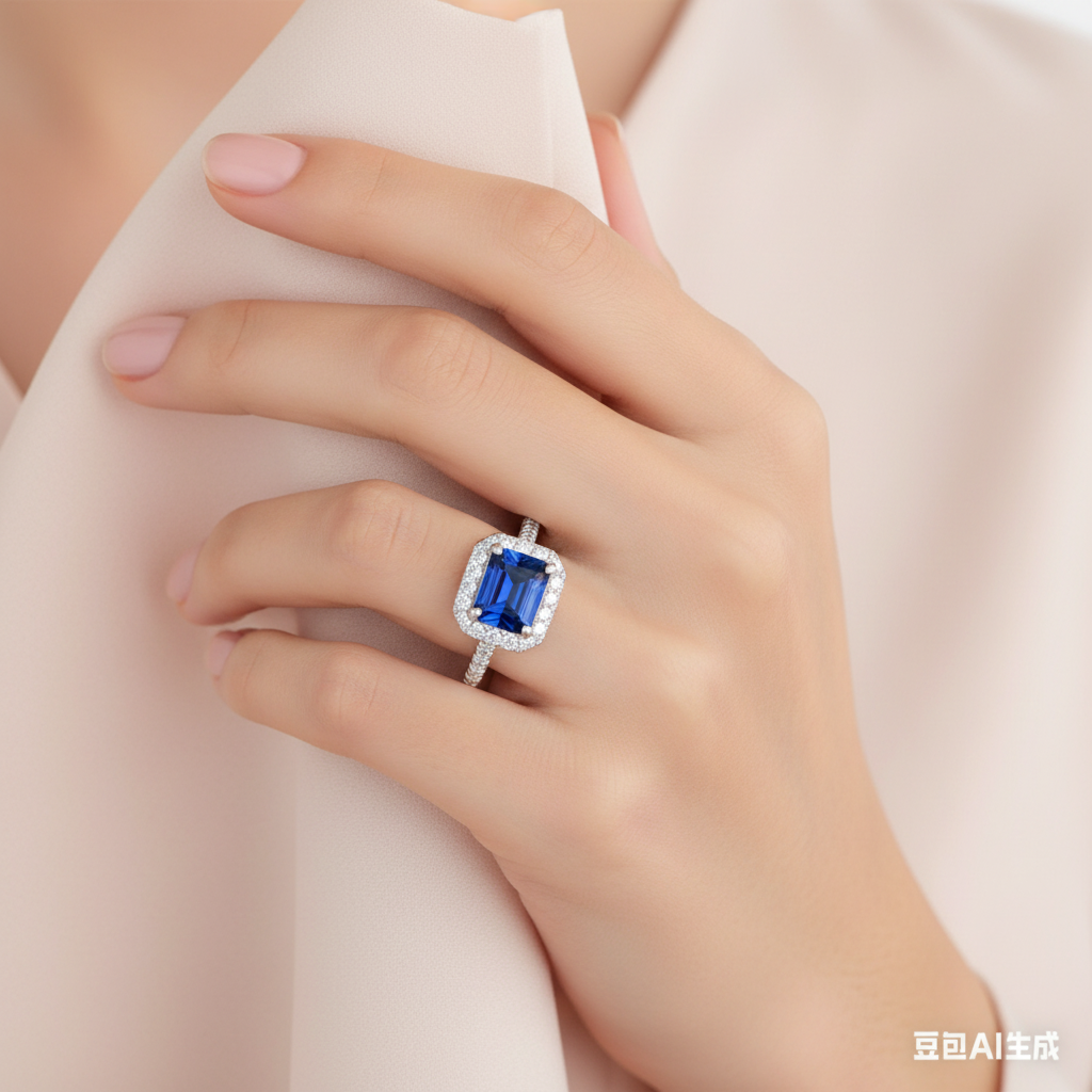 Lab Blue Sapphire Emerald Cut Halo Ring — Square Wear Shot