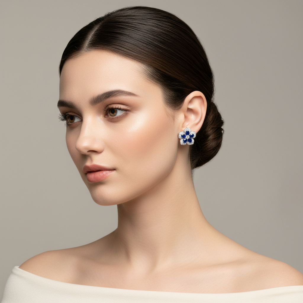 Lab Blue Sapphire Five-Petal Floral Stud Earrings — Square Wear Shot