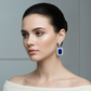 Lab Blue Sapphire Halo Drop Earrings with Pavé V-Top — Square Wear Shot