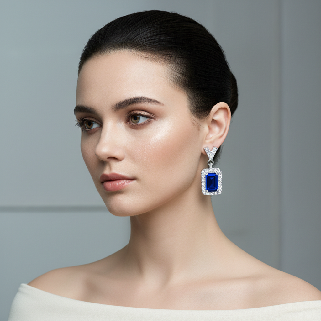 Lab Blue Sapphire Halo Drop Earrings with Pavé V-Top — Square Wear Shot