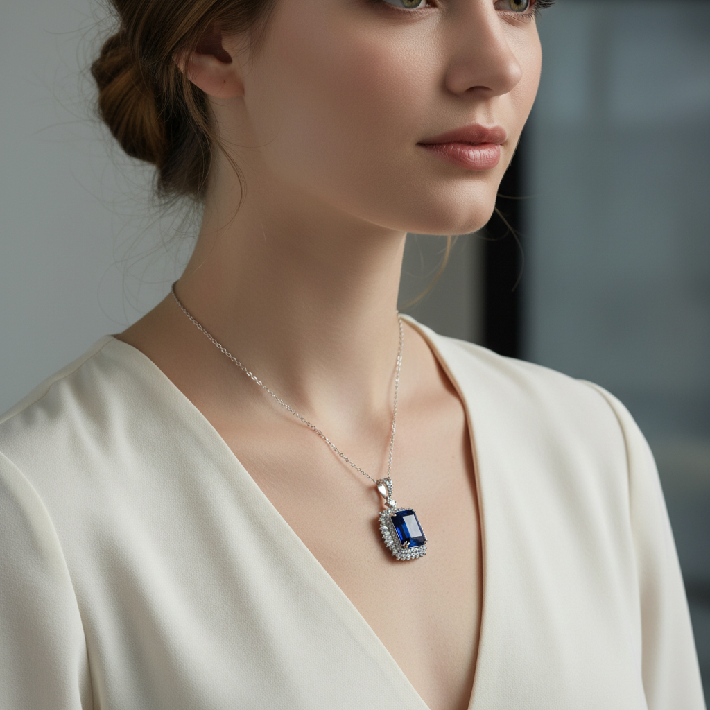 Lab Blue Sapphire Mixed Halo Pendant — Square Wear Shot