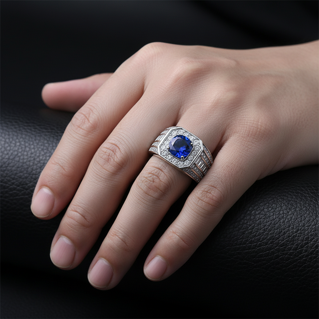 Lab Blue Sapphire Octagonal Halo Statement Ring — Unisex Square Wear Shot