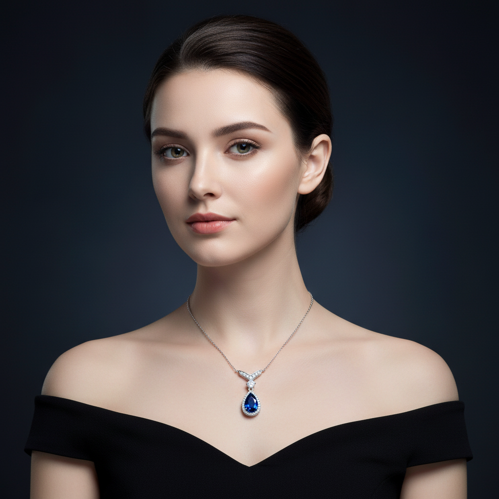Lab Blue Sapphire Pear Halo Drop Pendant with V-Bar — Square Wear Shot
