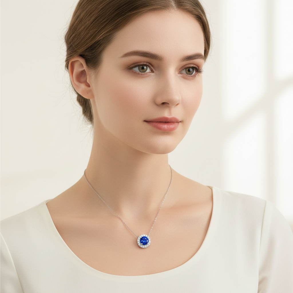 Lab Blue Sapphire Round Brilliant Halo Pendant Necklace — Square Wear Shot