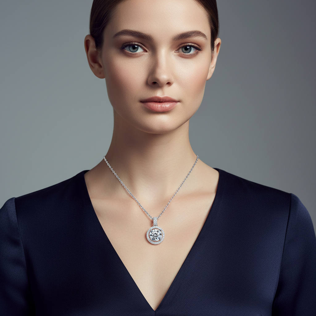 Lab Diamond Round Brilliant Halo Pendant — Premium Square Wear Shot