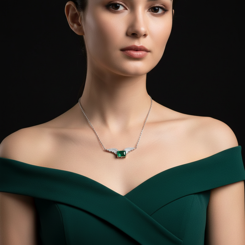 Lab Emerald Angel Wings Pendant Necklace — Square Wear Shot