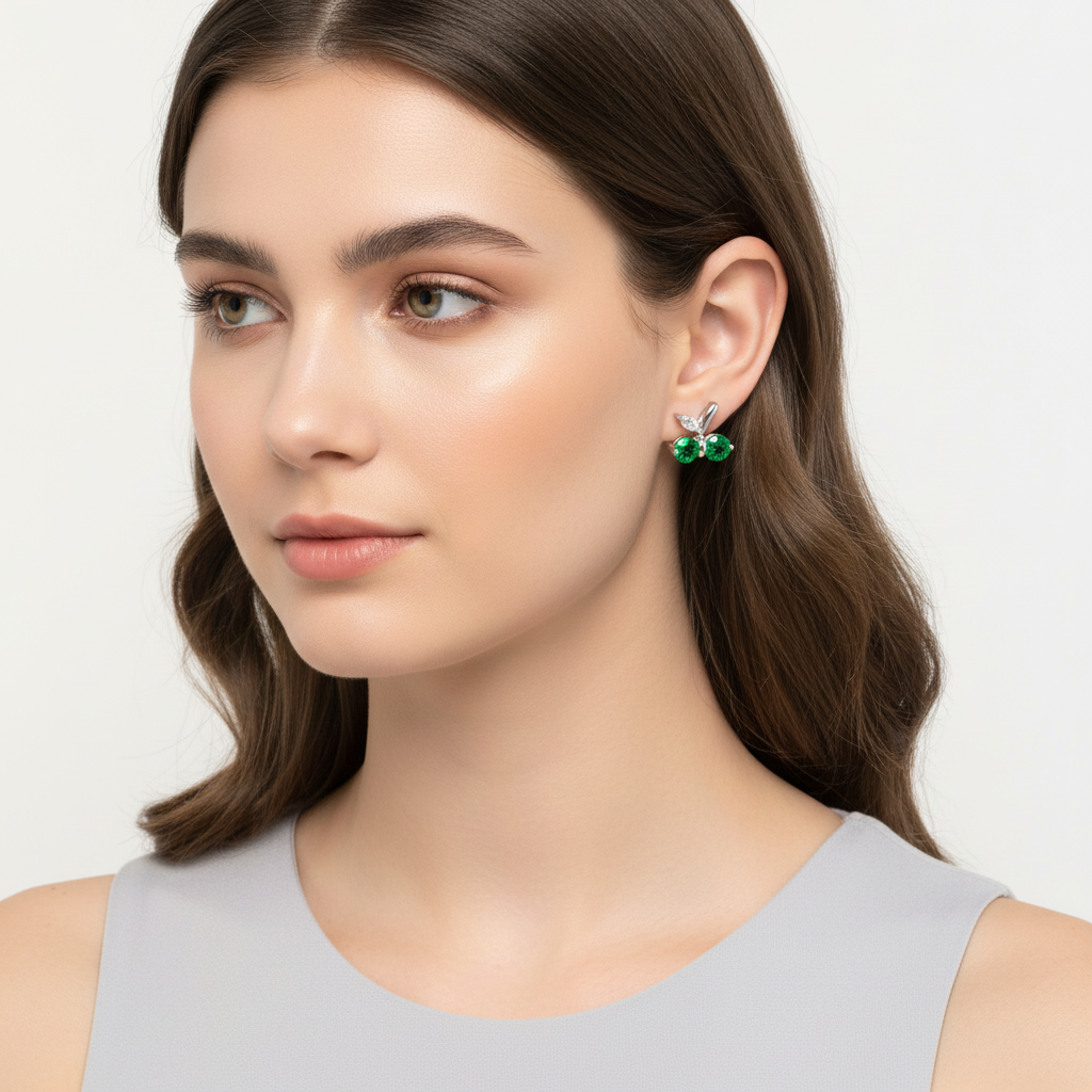 Lab Emerald Cherry Stud Earrings in 925 Sterling Silver — Square Wear Shot