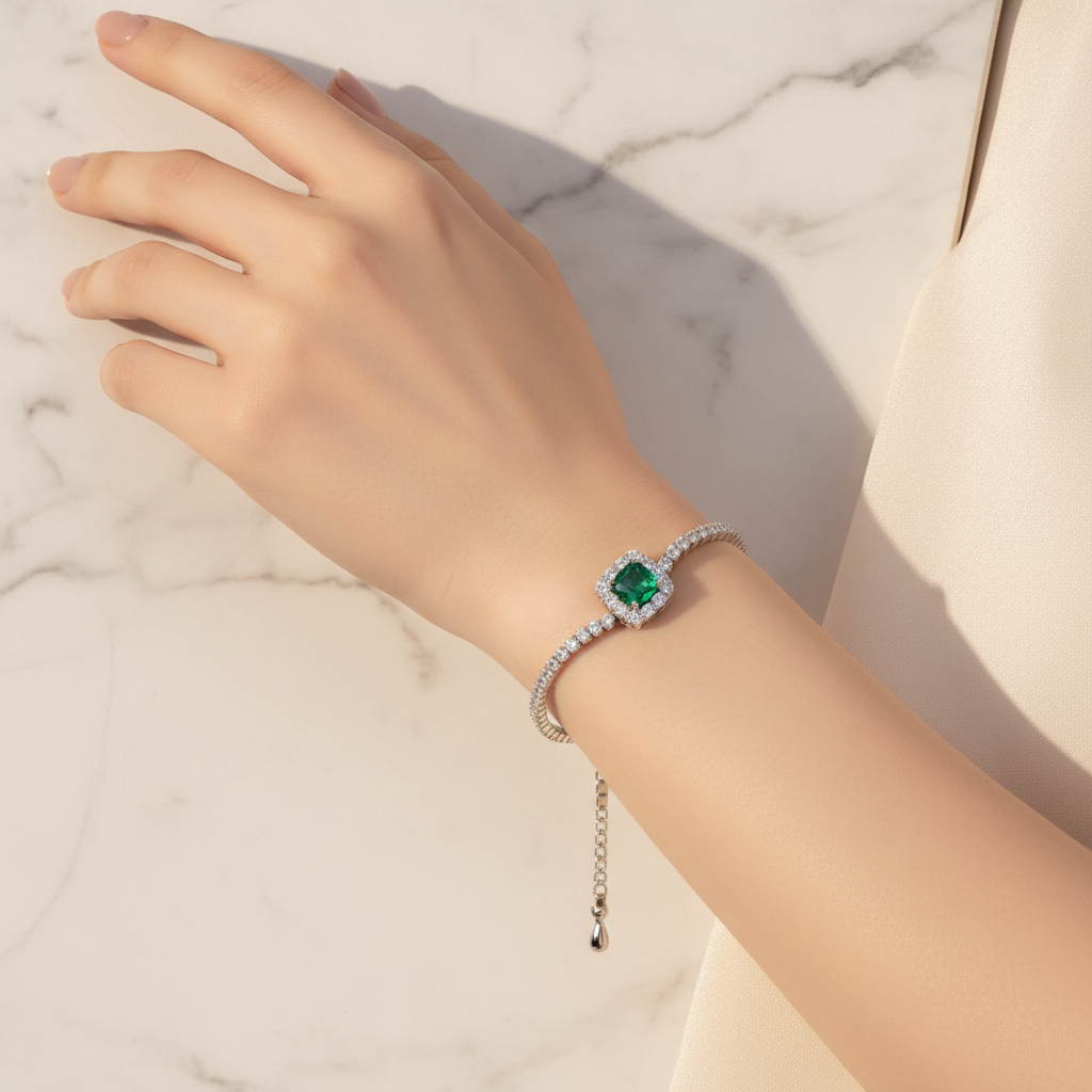 Lab Emerald Cushion Cut Centre Halo Tennis Bracelet — Square Wear Shot