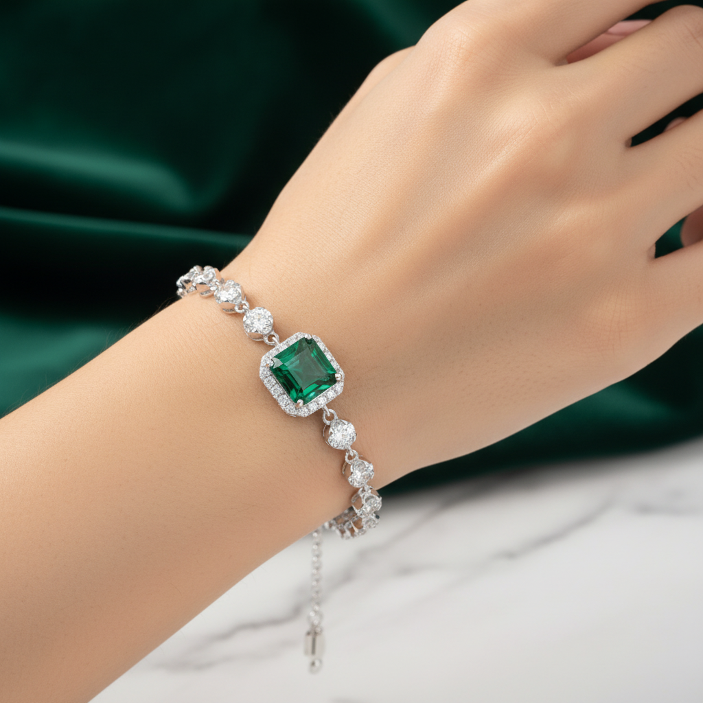 Lab Emerald Cut Centre Halo Tennis Bracelet — Square Wear Shot
