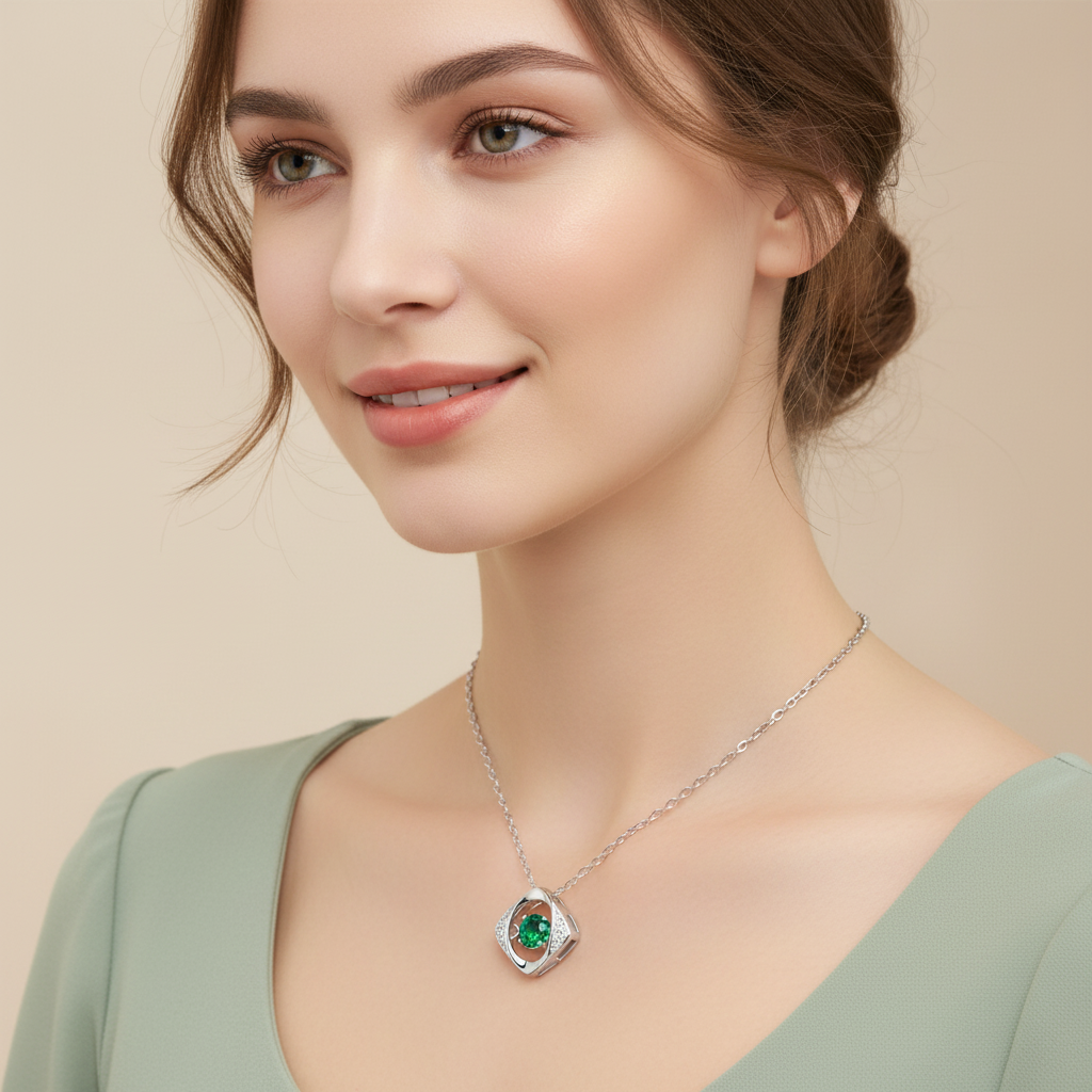 Lab Emerald Dancing Stone Pendant Necklace — Square Wear Shot