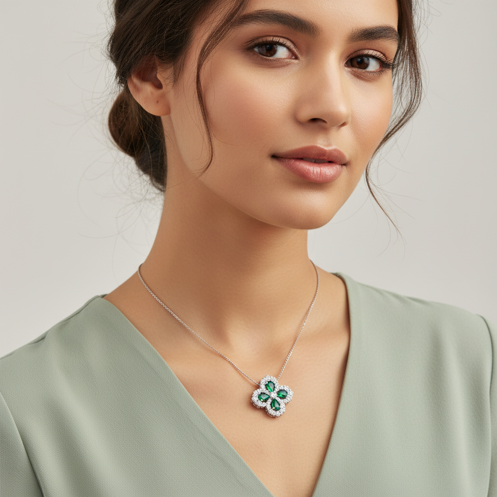 Lab Emerald Four Pear Clover Pendant Necklace — Square Wear Shot