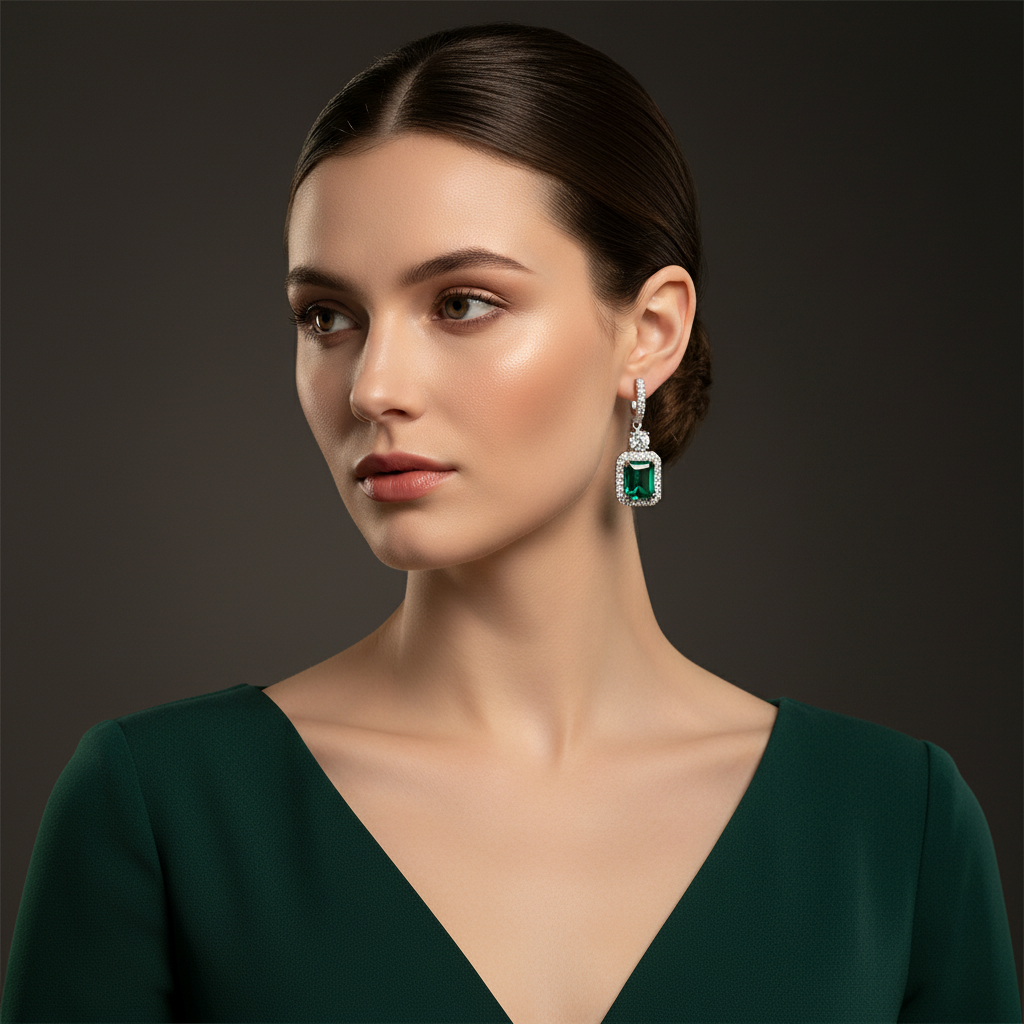 Lab Emerald Halo Drop Earrings with Pavé Huggie — Square Wear Shot