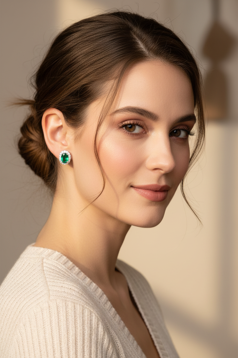 Lab Emerald Halo Stud Earrings — Wear Shot