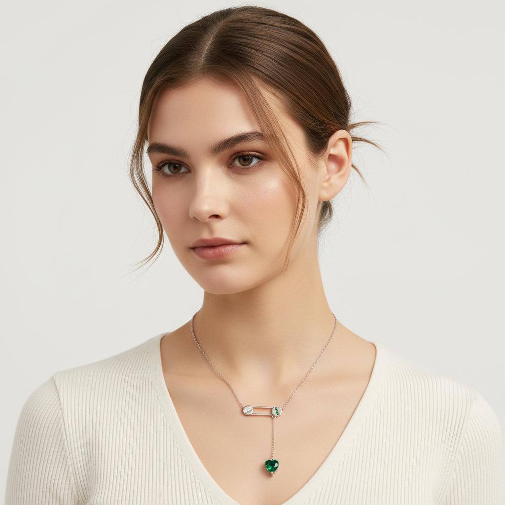 Lab Emerald Heart Drop Safety Pin Lariat Necklace — Square Wear Shot